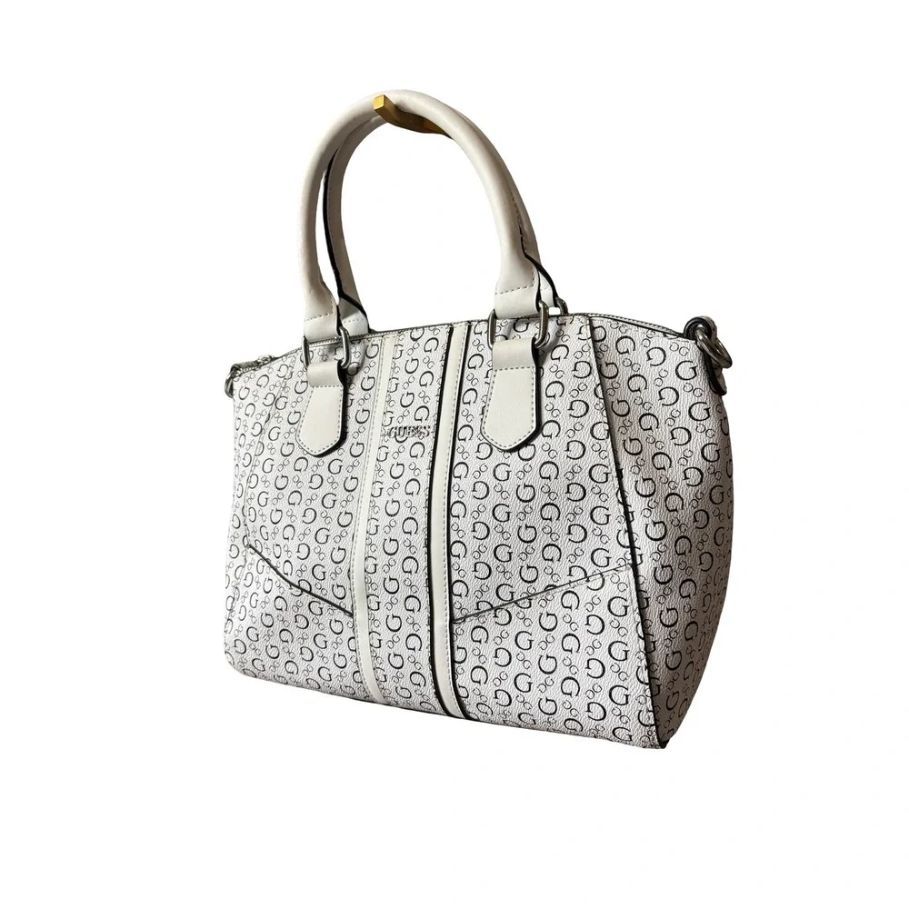 Guess Signature G Logo Satchel Handbag White Black Faux Leather Medium Purse